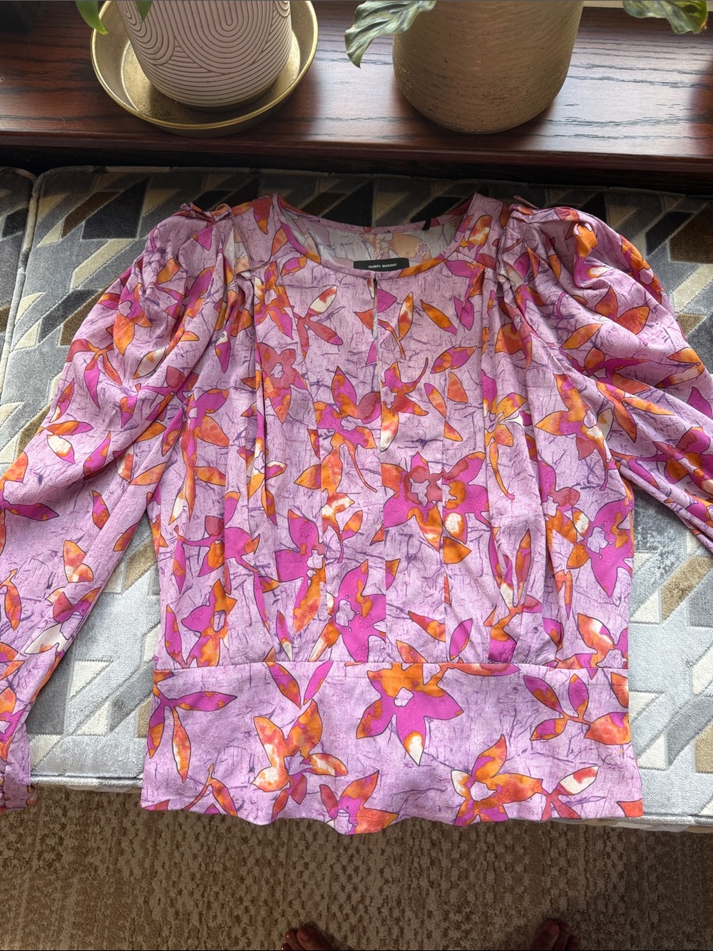 Isabel Marant Pink & Orange Floral Puff-Sleeve Blouse